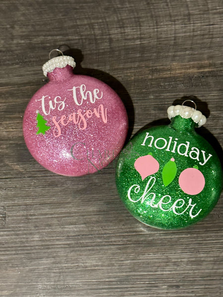 Pretty Pink and Green Glitter Ornaments (Set of 6)